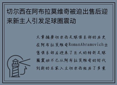 切尔西在阿布拉莫维奇被迫出售后迎来新主人引发足球圈震动