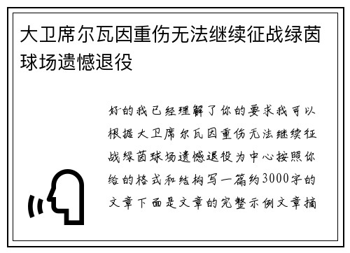 大卫席尔瓦因重伤无法继续征战绿茵球场遗憾退役